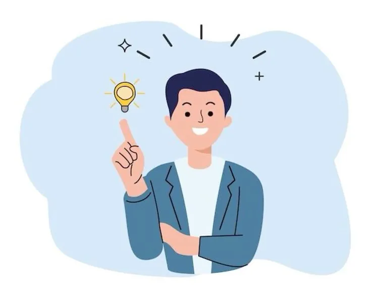 Illustration of a smiling businessman pointing toward a glowing light bulb symbolizing creativity, innovation, problem-solving, and new ideas.Best freelance digital marketer in kannur