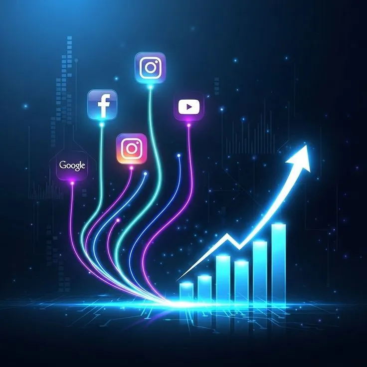 Digital marketing growth illustration featuring Google, Facebook, Instagram, and YouTube icons connected to an upward-trending analytics chart, symbolizing social media marketing, online advertising, and business growth.