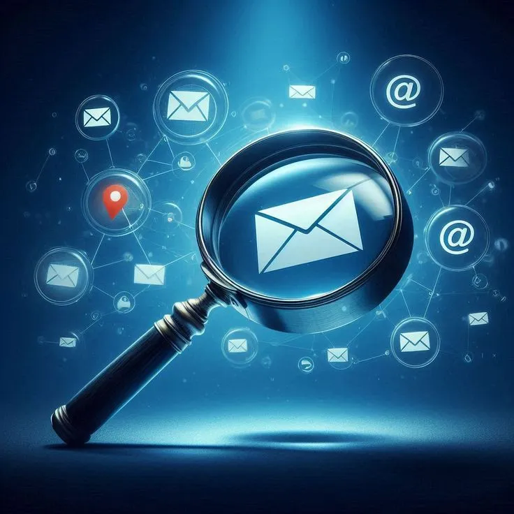Email marketing illustration with magnifying glass and email icons by a Freelance Digital Marketing agency in Kannur.