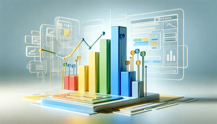 3D business analytics dashboard with colorful bar charts, line graphs, and performance metrics representing website analytics, SEO reporting, business intelligence, and data visualization.