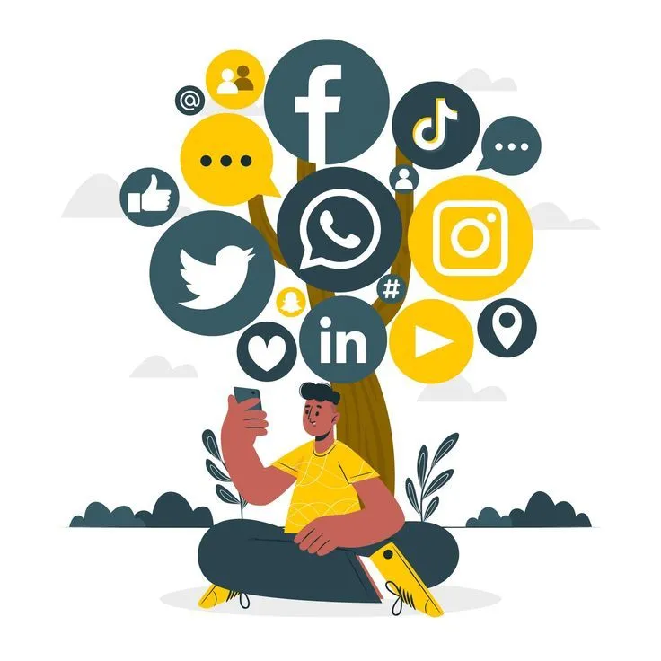 Social media marketing illustration featuring Facebook, Instagram, WhatsApp, LinkedIn, TikTok, and X icons by a Freelance Digital Marketing agency in Kannur.