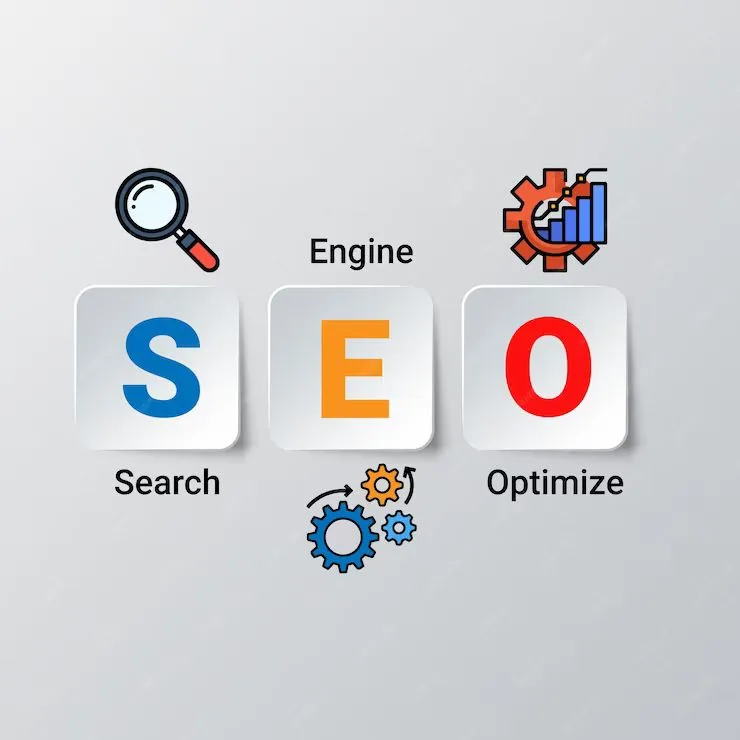 SEO infographic explaining Search Engine Optimization with search, engine, and optimize icons by a Freelance Digital Marketing agency in Kannur.