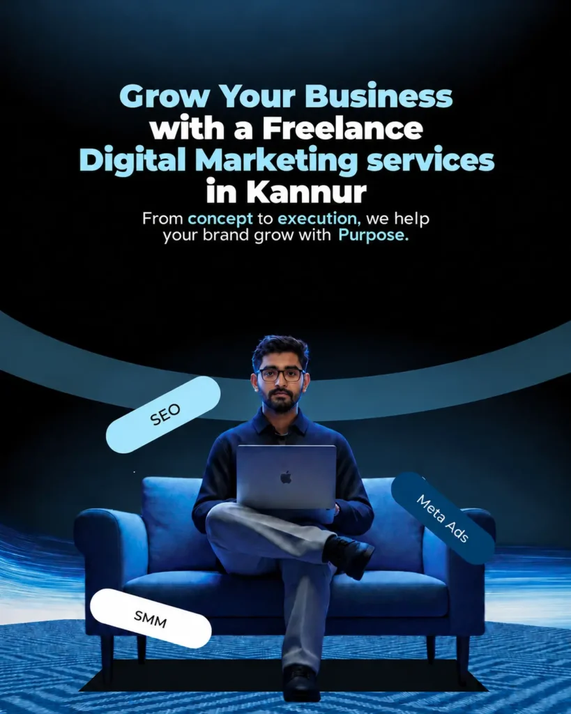 Muhammed Yasin seated with a laptop, promoting freelance digital marketing services in kannur, including SEO, SMM and Meta Ads.